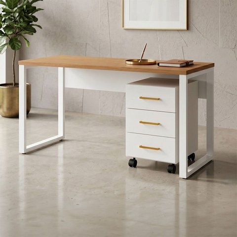 Conjunto Escrivaninha 120x60cm com Gaveteiro em MDF Marrom