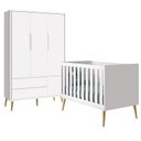 Ver imagem 1 de Quarto com Berço Theo e Guarda Roupa 3 Portas Branco Fosco e Pés Madeira Natural - Reller Móveis
