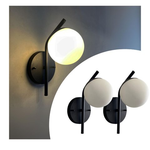 Kit 2 Arandelas de Parede Moderno Inclinado Preto com Globo 12cm Decoração Casa Sala Quarto Cama