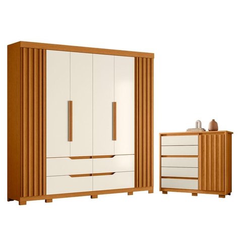 Guarda Roupa Casal Doble 06 Portas e Cômoda Sapateira Duetto 01 Porta e 05 Gavetas Cinamomo Off Whit