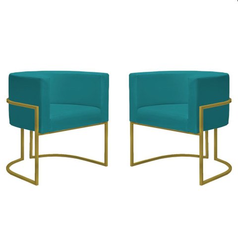 Kit 2 Poltronas Reforçada Decorativa Sala Nayara Base Ferro Dourado Suede Azul Tifany
