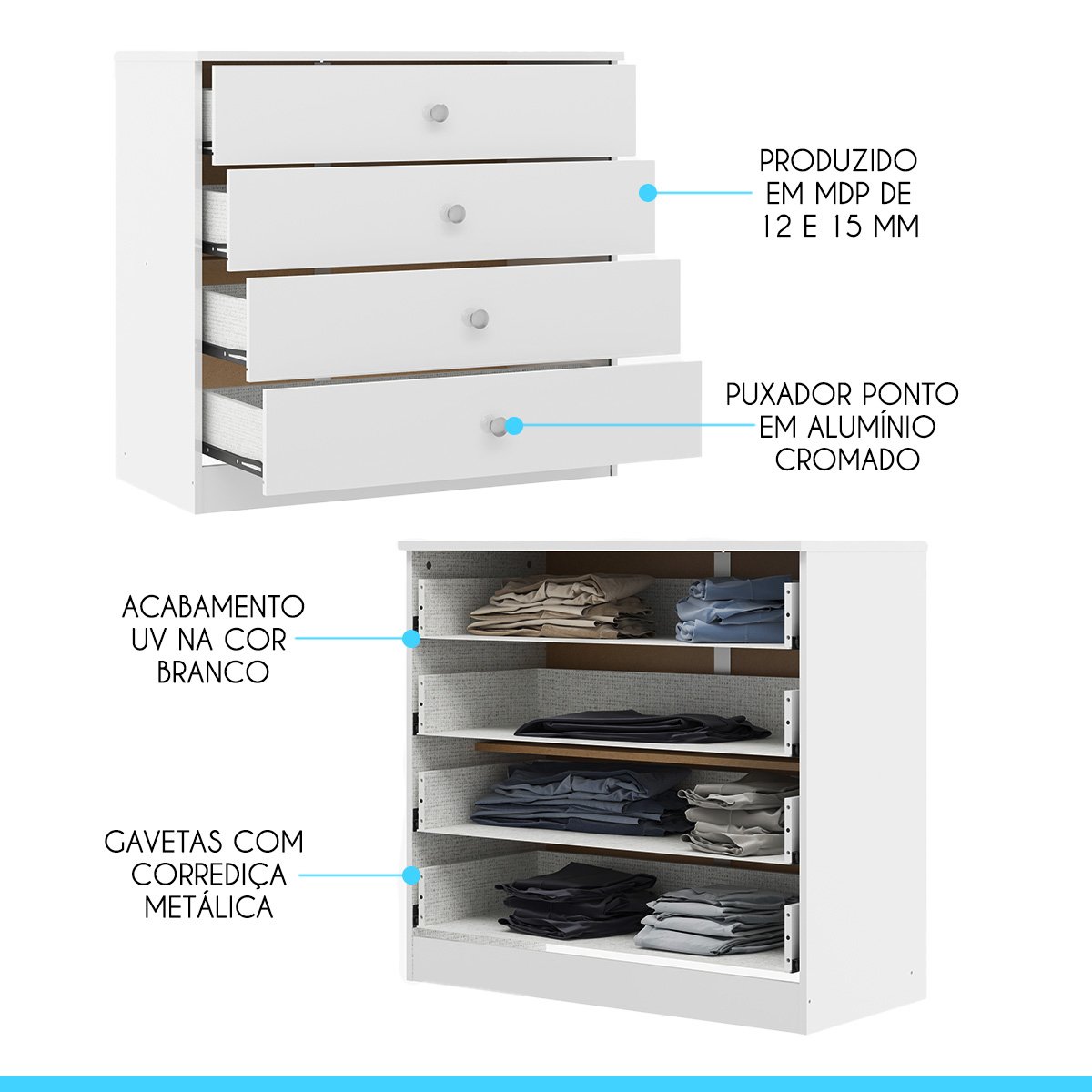 Cômoda para Quarto com 4 Gavetas 75x69cm London Branco 6504 - 3