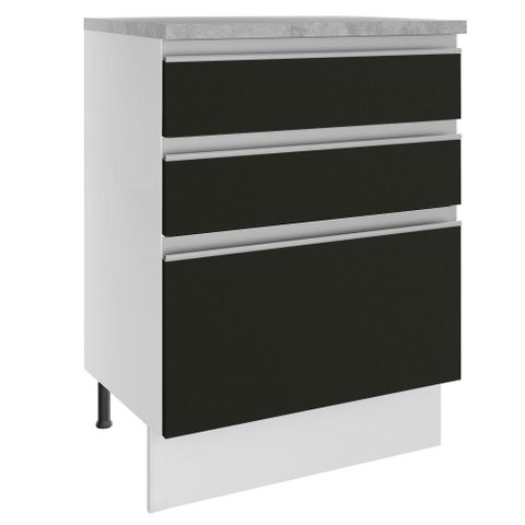 Balcão Armário de Cozinha 60 cm 3 Gavetas Branco/Preto Glamy Madesa