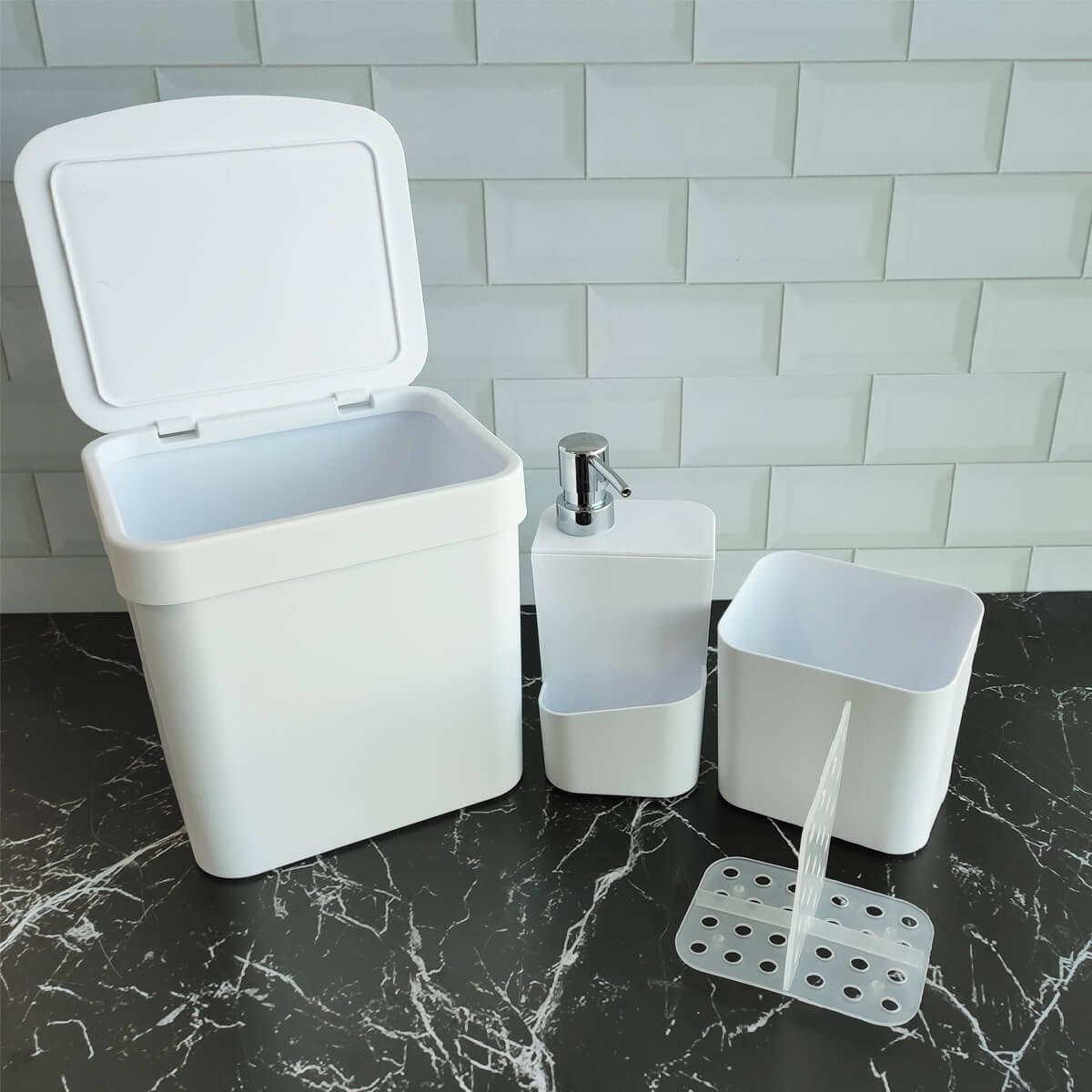 Conjunto para Pia Cozinha Lixeira 4,7 Porta Detergente Escorredor Branco - 6