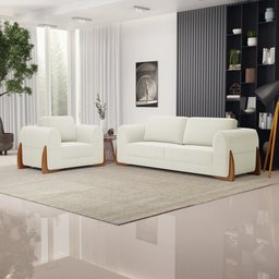 Kit 02 Poltronas e 01 Sofá Bloom 220cm 03 Lugares com Pés de Madeira Bouclê Off White - Desk Design - 2