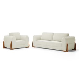 Kit 02 Poltronas e 01 Sofá Bloom 220cm 03 Lugares com Pés de Madeira Bouclê Off White - Desk Design - 10