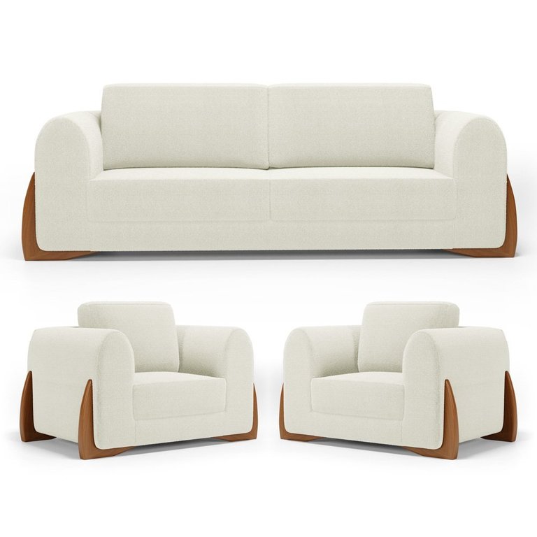 Kit 02 Poltronas e 01 Sofá Bloom 220cm 03 Lugares com Pés de Madeira Bouclê Off White - Desk Design Kit 02 Poltronas e 01 Sofá Bloom 220cm 03 Lugares com Pés de Madeira Bouclê Off White - Desk Design