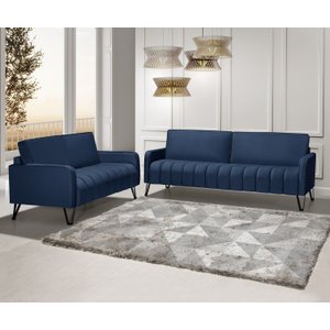 Sofá Living 3 e 2 Lugares Savana - 2,20/1,58mts com Pé de Ferro Preto - Veludo Azul