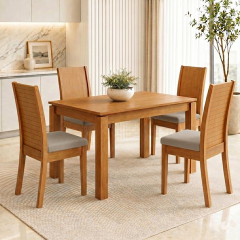 Conjunto Sala de Jantar 4 Lugares Retangular Tampo MDF 120cm Mesa e Cadeiras Athenas Cinza Amêndoa Clean/Capuccino