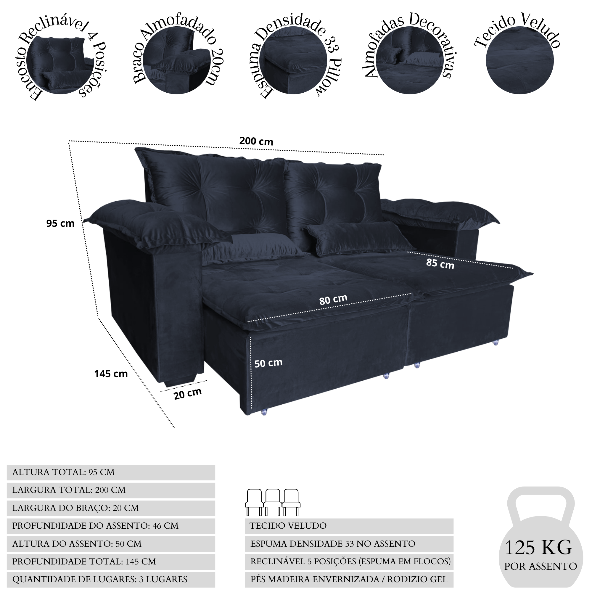 Sofá Retrátil e Reclinável 3 Lugares 2,00m Roma Espuma densidade 33