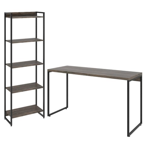 Kit Estante Areta 5 Prateleiras com Mesa Industrial Aspen 135cm C01 Carvalho Dark - Lyam Decor