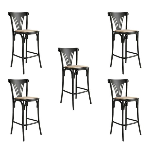 Kit 5 Banquetas Altas Paris em Aço Preto para Cozinha e Bancada Gourmet com Assento Corano - Bege