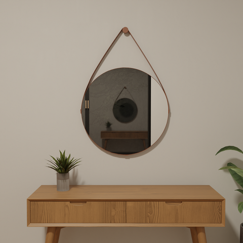 Espelho Redondo Adnet 40cm Moldura Couro Caramelo Banheiro Quarto Sala Hall