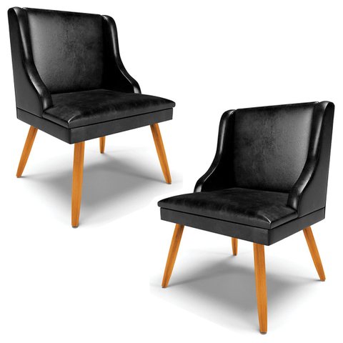 Kit 2 Cadeiras Decorativas Sala de Jantar Pés Palito de Madeira Firenze PU Preto Brilho/Natural G19 