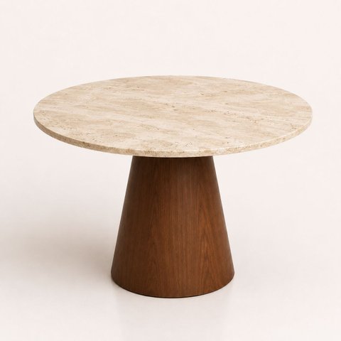 Mesa de Jantar Cone Redondo 100 Cm Tampo Mármore Travertino Base Nogueira