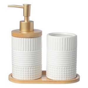 Kit Banheiro Lavabo Bambu Dispenser Líquido Escova Pia / 354