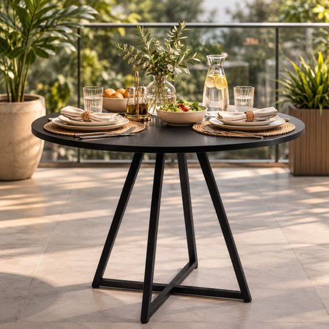 Mesa Requinte de Jantar Reunião Redonda Estilo Industrial MDF e Aço Moderna Preto/Pé Preto Lh Móveis