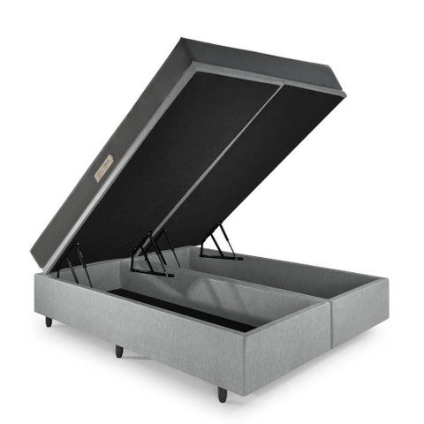 Cama Baú Queen 158x198 Courino Linho Cinza com Dual Firm Espuma Ecoflex