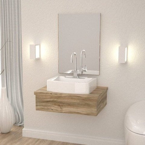 Conjunto Bancada p/Banheiro 60cm c/Cuba Aria RT41 e Espelheira 601W Metrópole Marrom/Carvalho