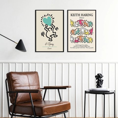 Kit 2 Quadros Artes Keith Haring - Candy Colors 33x24cm:madeira Branca