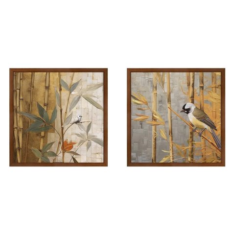 Kit 2 Quadros 50cm X 50cm Folhagem e Andorinha Aquarela Tropical Artes 