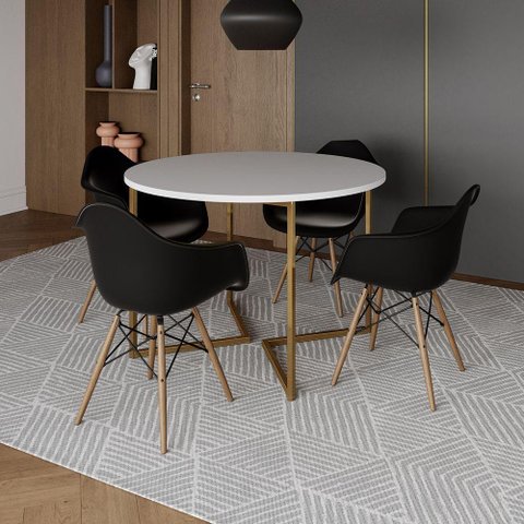 Mesa Jantar Industrial Redonda 110cm Branca Base V Dourada com 4 Poltronas Daw Madeira Branco