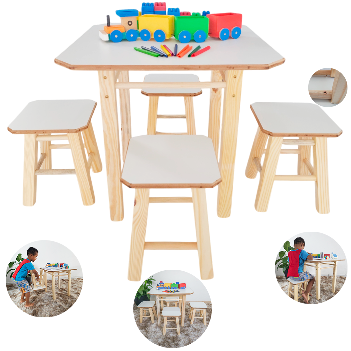 Mesa Mesinha com 4 Bancos Banquinhos Infantil de Madeira Maciça Mdf para Atividades Didática