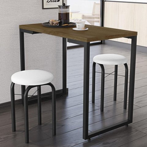 Conjunto Mesa De Cozinha 90cm 2 Banquetas Castanho