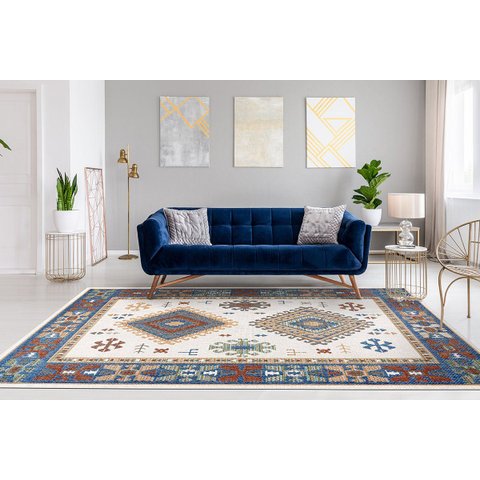 Tapete Egípcio Geométrico Aurora 05- Azul, Vermelho e Bege 2.50 x 3.00 Mts.