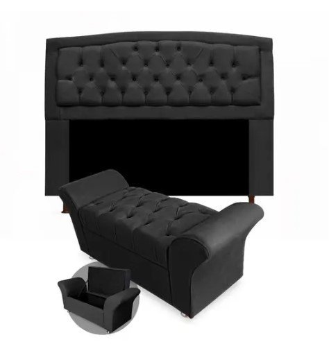 Kit Cabeceira Geovana e Calçadeira Veneza Casal 140cm Suede Topázio Decor:preto