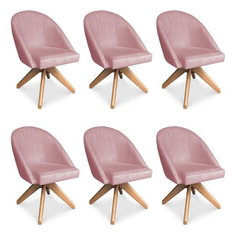 Kit 6 Poltronas Cadeira Giratória Bela Veludo Base Madeira Rosê Pallazio