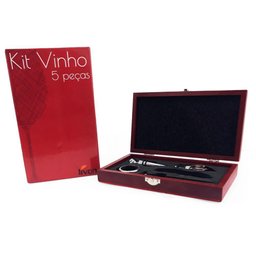 Kit Acessórios Vinho 5 Peça Dosador Saca Rolha Caixa Madeira - 5