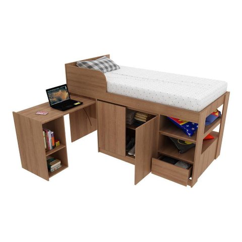Cama Solteiro Com Escrivaninha Para Colchão 88 X 188Cm Multimóveis Vcr35067 Amêndoa Amêndoa