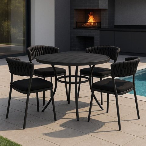Conjunto Alumínio 4 Cadeiras Monaco Trico com Mesa Ripada Malta Preto