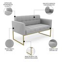 Ver imagem 3 de Sofá Namoradeira Base Industrial Dourado Ana Suede Cinza - Ibiza