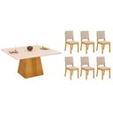 Ver imagem 1 de Conjunto: Mesa de Cozinha Itália C/ Tampo Madeirado C/ Vidro Curvo 136x136cm e 6 Cadeiras Talia