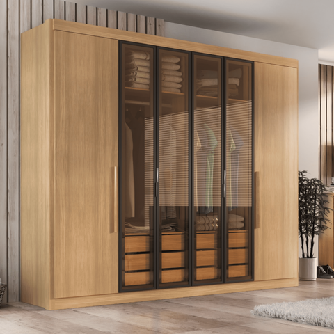 Guarda Roupa Casal Valencia 6 Portas 6 Gavetas com Vidro Reflecta