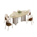 Ver imagem 3 de Mesa de Sala Jantar Liz C/ Tampo Madeirado C/ Vidro Oval 218x108cm Off White/dourado - Dj Móveis