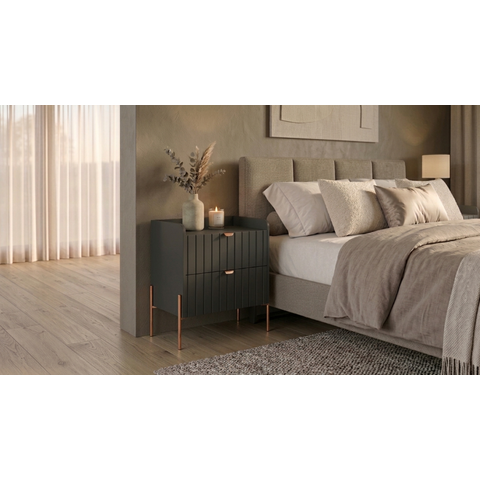 Mesa de Cabeceira Moderna com Gavetas MDF Moriah 60cm Grafite com Pés e Puxadores Industrial