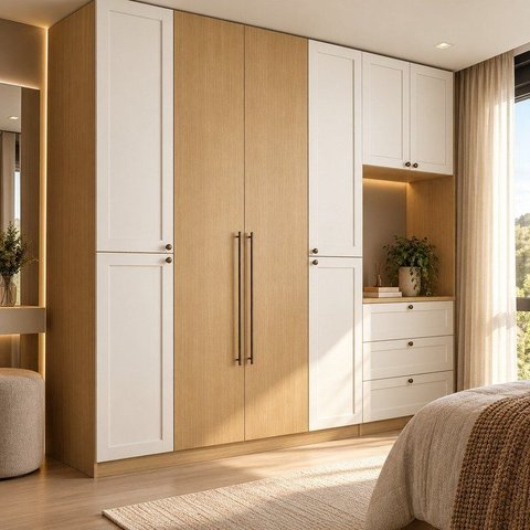 Quarto Modulado Casal Completo Provençal Americano com 5 Peças 100% MDF Infinity Bege/Savana/Branco