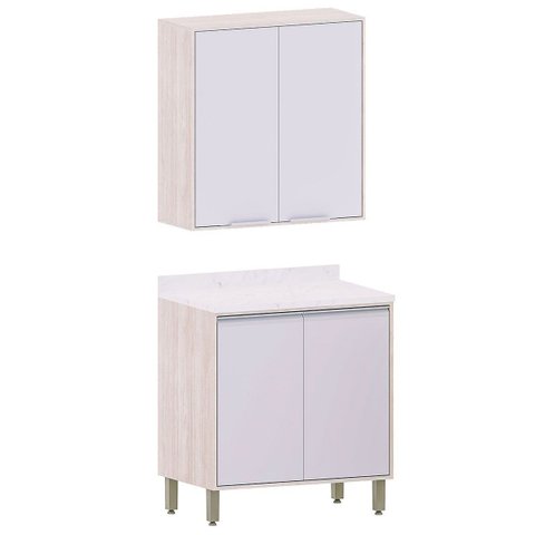 Kit Armário Aéreo e Balcão 2 Portas 80 Cm Atenas Cinza Cristal