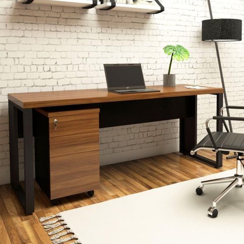 Mesa Escrivaninha Industrial com Gaveteiro 3 Gavetas 190cm Nogal com Preto F5 Office