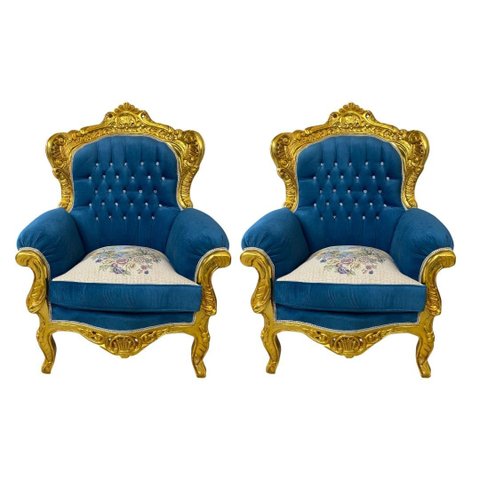 Par de Poltronas Clássicas Azul com Dourado 130x70x90cm