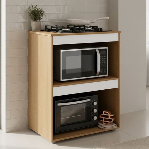 Balcão Cooktop Ariana Cozinha Compacta com Nichos para Micro-Ondas Amêndoa Branco - Desk Design