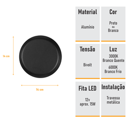 Arandela Parede Lua 14cm Led 5w - Preta - Branco Frio - 7