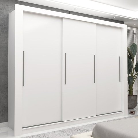 Guarda-Roupa Casal 100% MDF 3 Portas de Correr 2 Gavetas Branco Roma