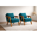 Ver imagem 1 de Kit 2 Poltronas Mona Luxo Madeira Maciça Linho Azul para Sala de Estar Decorativa Moderna