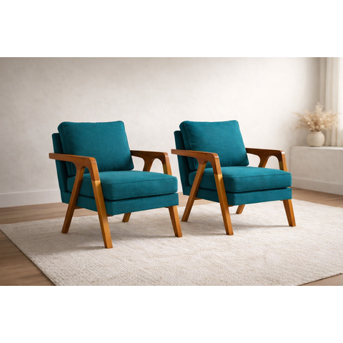 Kit 2 Poltronas Mona Luxo Madeira Maciça Linho Azul para Sala de Estar Decorativa Moderna