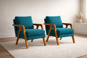 Ver imagem 1 de Kit 2 Poltronas Mona Luxo Madeira Maciça Linho Azul para Sala de Estar Decorativa Moderna