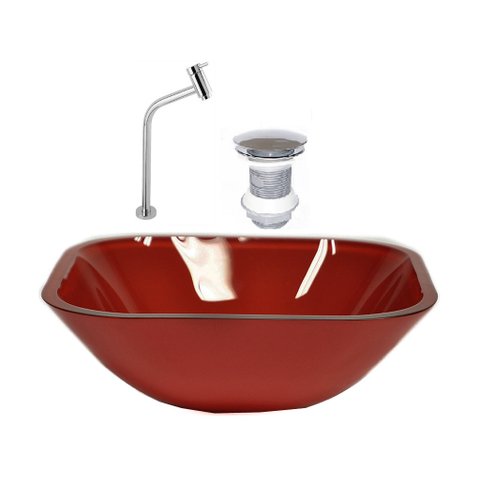 CUBA DE VIDRO QUADRADA 35CM VERMELHO CEREJA + VALVULA + TORNEIRA METAL